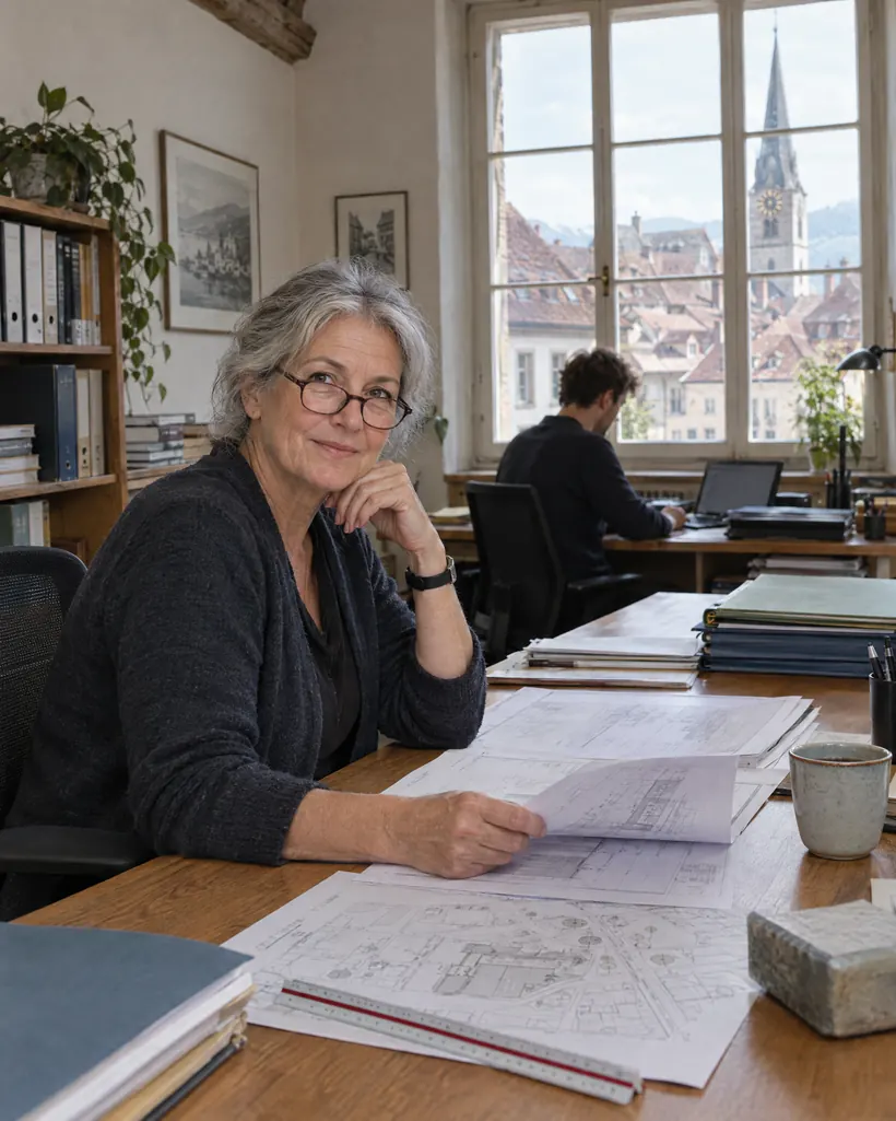 Inhaberin eines Ingenieurbüros an ihrem Schreibtisch mit Plänen