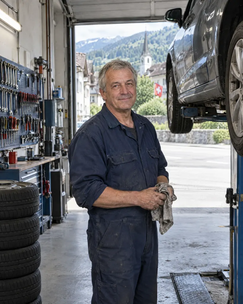 Garagist in Arbeitskleidung neben einem Auto auf der Hebebühne