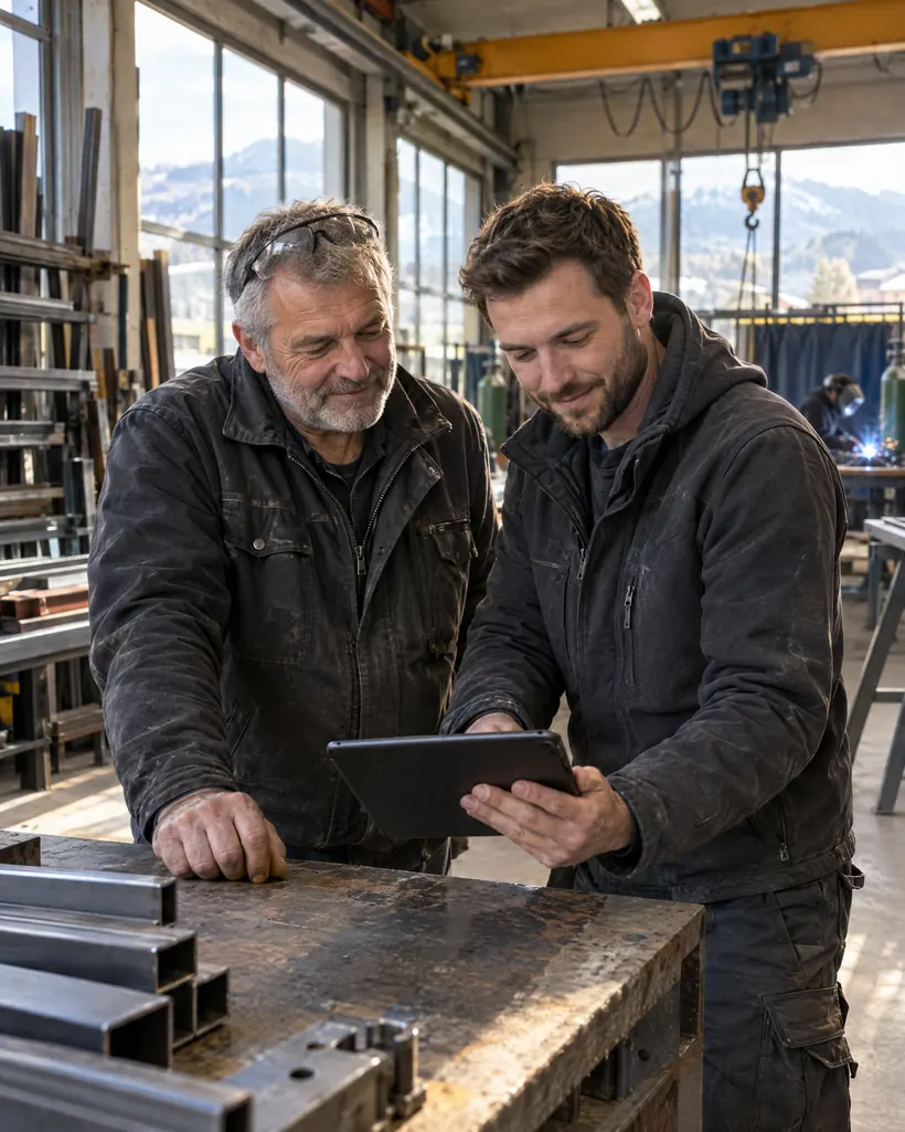Metallbauer und sein jüngerer Nachfolger schauen gemeinsam auf ein Tablet