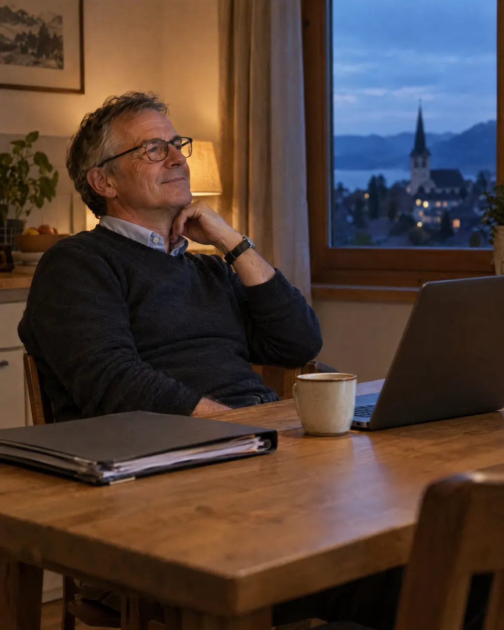 Unternehmer sitzt abends am Küchentisch mit Laptop und Kaffee